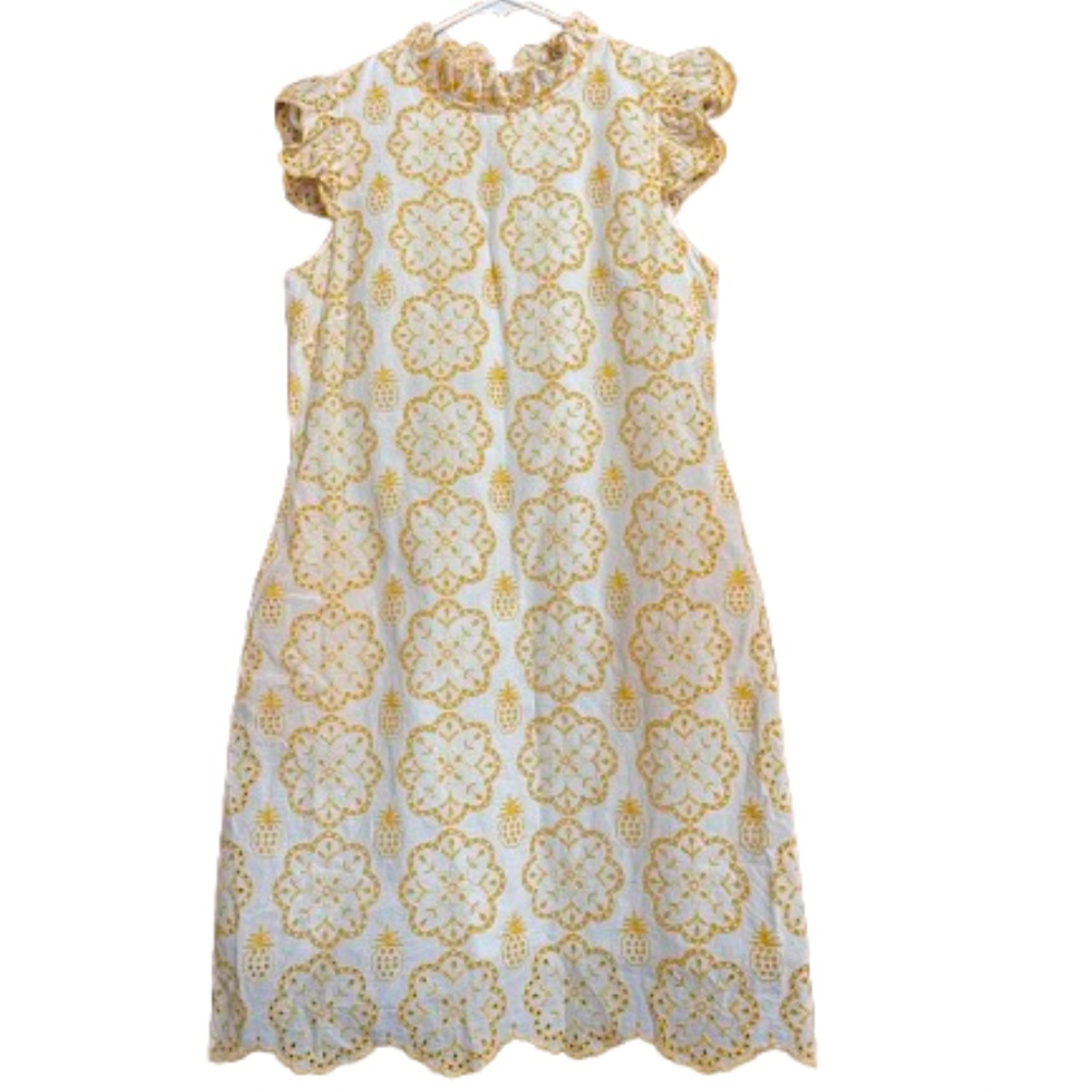Jade MelodyTam Women’s Yellow and White Eyelet Embroidered Shift Dress Sz-S